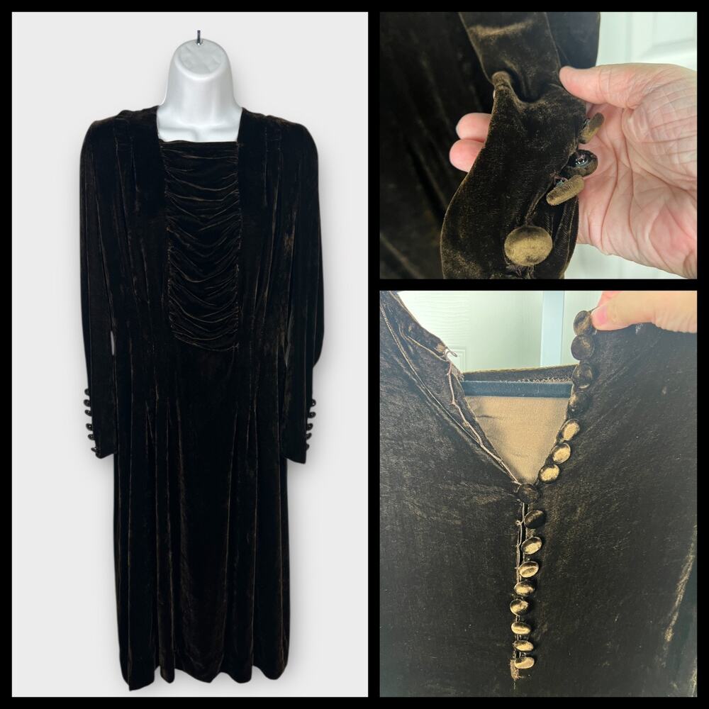 1930s Brown Velvet Dress Button Back Art Deco Midi Gown Size 6‎